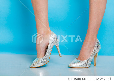 Female legs in silver high heels shoes Female legs in silver high heels shoes 134047481