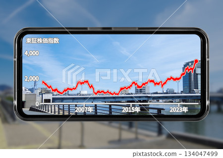 An image of a smartphone screen with a cut-out landscape of a regional city as wallpaper, displaying long-term stock price trends. 134047499