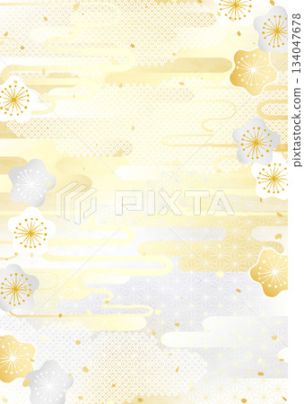 一幅華麗的背景插圖，融合了金銀梅花和各種傳統的日本圖案。 134047678