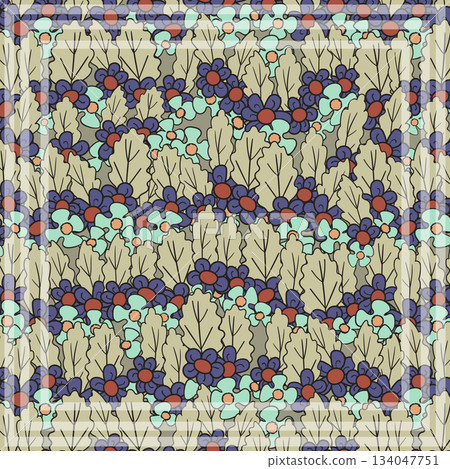 Print for kerchief, bandana, scarf, handkerchief, shawl, neck scarf. Squared pattern with ornament for fabric, textile, silk products. Paisley vector with abstract flowers. Floral folk tracery 134047751