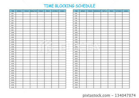 24 Hourly Weekly Schedule - Monday Start. Mockup for daily scheduling and time management. 30-minute increment hourly planner templates. Time Planner 134047874