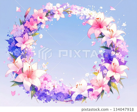 帶有水彩效果的百合花圓形邊框（AI生成圖像） 134047918