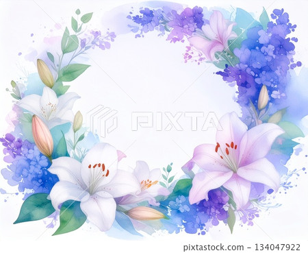 帶有水彩效果的百合花圓形邊框（AI生成圖像） 134047922