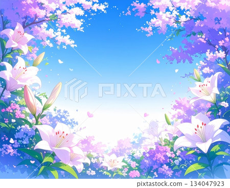 帶有水彩效果的百合花圓形邊框（AI生成圖像） 134047923