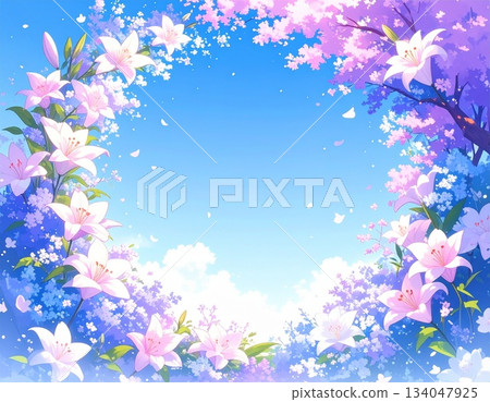 帶有水彩效果的百合花圓形邊框（AI生成圖像） 134047925