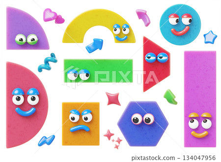 Cute geometric 3d characters set - cartoon colorful figures with funny expressive faces. Circle, square, rectangle, hexagon, star, heart, arrow, lightning, childish graphic collection. 3D illustration 134047956