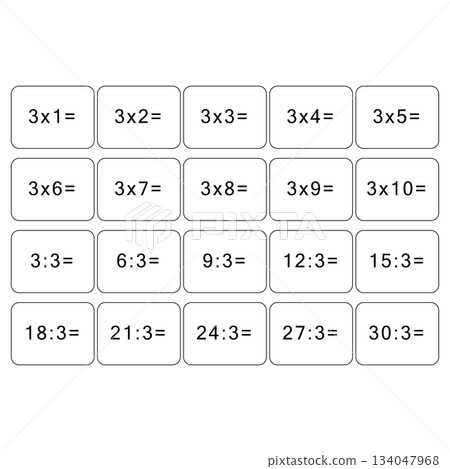 Multiplication and division table of 3. Maths card with an example, drawing. Multiplication Square, vector illustration. Banner, table for children, schoolchildren. School education, logical task. Multiplication and division table of 3. Maths card with an example, drawing. Multiplication Square, vector illustration. Banner, table for children, schoolchildren. School education, logical task. 134047968