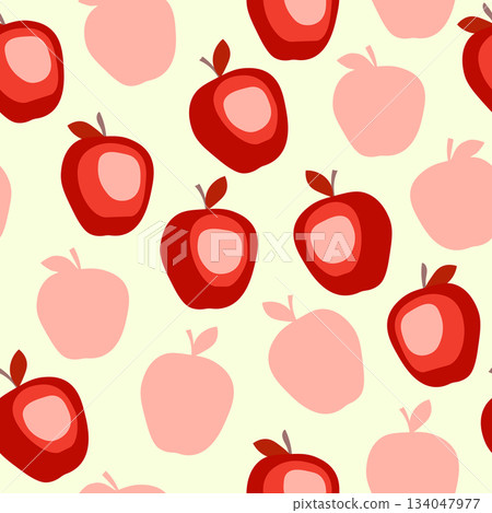 Seamless pattern with apple on color background. Natural delicious fresh ripe tasty fruit. Vector illustration for print, fabric, textile, banner, design. Stylized apples with leaves. Food concept Seamless pattern with apple on color background. Natural delicious fresh ripe tasty fruit. Vector illustration for print, fabric, textile, banner, design. Stylized apples with leaves. Food concept 134047977