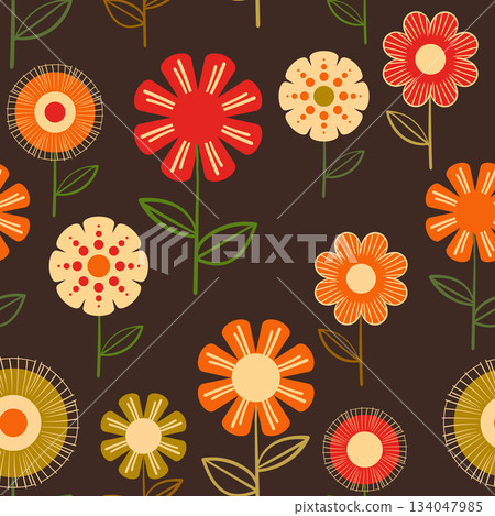 Seamless floral pattern based on traditional folk art ornaments. Colorful flowers on color background. Scandinavian style. Sweden nordic style. Vector illustration. Simple minimalistic pattern Seamless floral pattern based on traditional folk art ornaments. Colorful flowers on color background. Scandinavian style. Sweden nordic style. Vector illustration. Simple minimalistic pattern 134047985