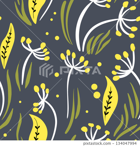 Seamless floral pattern based on traditional folk art ornaments. Colorful flowers on color background. Scandinavian style. Sweden nordic style. Vector illustration. Simple minimalistic pattern 134047994