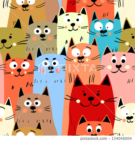 Seamless pattern with cute kitten print. Different scandy cats on color background. Scandinavian style illustration for kids. Vector illustration for fabric, textile, wallpaper, home clothing, pajama Seamless pattern with cute kitten print. Different scandy cats on color background. Scandinavian style illustration for kids. Vector illustration for fabric, textile, wallpaper, home clothing, pajama 134048004