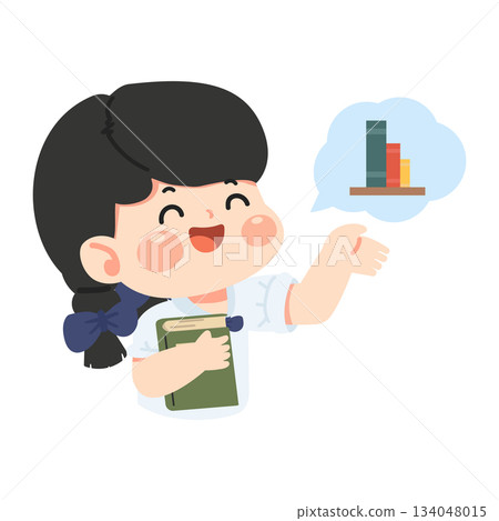 Illustration of Girl Holding Book Thinking of Bookshelf 134048015