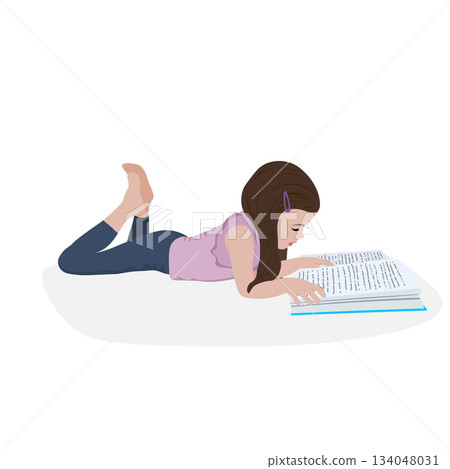 Little girl reads a book and is lying. Distance learning. Home education. School girl girl doing homework. Child with a book in her hands. Bookcrossing 134048031