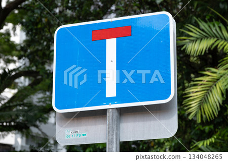 Singapore, Singapore - May 01, 2025: T-junction road sign in Orchard Road, Singapore with greenery Singapore, Singapore - May 01, 2025: T-junction road sign in Orchard Road, Singapore with greenery 134048265