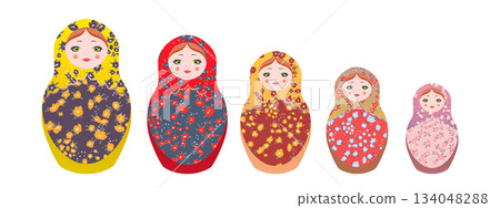 Russian Matryoshka. Traditional Russian folklore dolls with big eyes and lips. Babushka doll with hohloma, traditional painted floral pattern. Set with hand drawn vector illustration 134048288