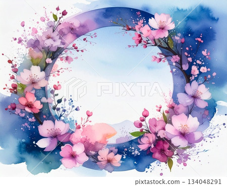 帶有水彩畫風格的花卉圓形框架（AI 生成的圖像） 134048291