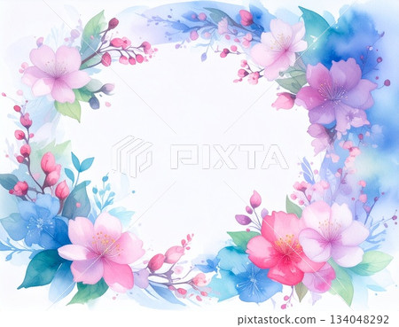 帶有水彩畫風格的花卉圓形框架（AI 生成的圖像） 134048292