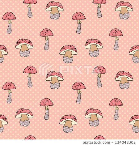 Seamless pattern with mushrooms. Hand drawn vector illustration. Vegan food menu. Poisonous and edible mushroom. Autumn mushroom picking, forest plant sketches Seamless pattern with mushrooms. Hand drawn vector illustration. Vegan food menu. Poisonous and edible mushroom. Autumn mushroom picking, forest plant sketches 134048302