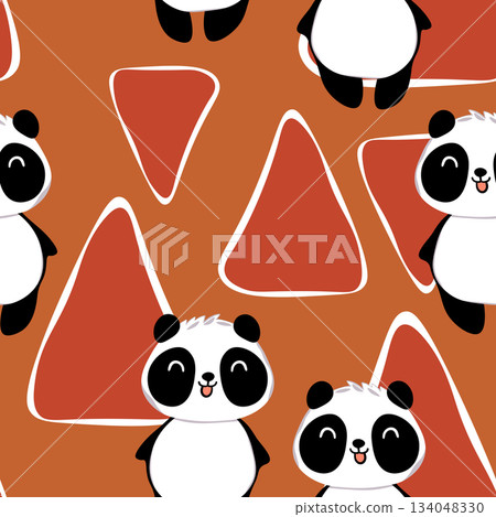 Seamless pattern with cute panda baby on color background. Funny asian animals. Card, postcards for kids. Flat vector illustration for fabric, textile, wallpaper, poster, gift wrapping paper 134048330