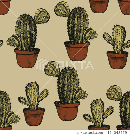 Seamless pattern with cacti, blooming succulent on color background. Vector hand drawn illustration for packaging, fabric, textile. Wild west cactus, western concept Seamless pattern with cacti, blooming succulent on color background. Vector hand drawn illustration for packaging, fabric, textile. Wild west cactus, western concept 134048359