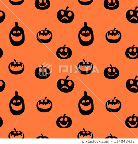Seamless pattern of glowing halloween pumpkins on COLOR background. Scary and funny faces. Cute Pumpkin or ghost. Vector autumn holidays illustration 134048432