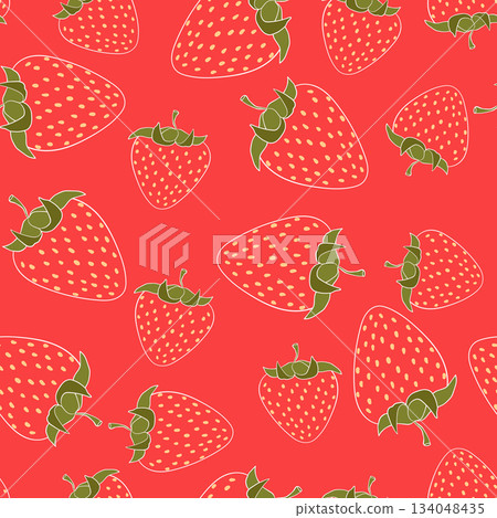 Seamless pattern with strawberry on color background. Natural delicious fresh ripe tasty fruit. Vector illustration for print, fabric, textile, banner, other design. Food concept 134048435