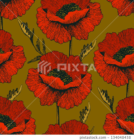 Spring colorful vector illustration with tulips. Cartoon style. Simple minimalistic pattern with nature elements. Vector illustration for fabric, textile, poster, invitation 134048438