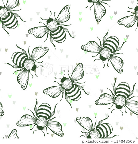 Seamless pattern with bees on floral background. Small wasp. Vector illustration. Adorable cartoon character. Template design for invitation, cards, textile, fabric. Doodle style Seamless pattern with bees on floral background. Small wasp. Vector illustration. Adorable cartoon character. Template design for invitation, cards, textile, fabric. Doodle style 134048509