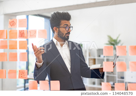 An Indian businessman in a suit uses sticky notes to brainstorm ideas in the office An Indian businessman in a suit uses sticky notes to brainstorm ideas in the office 134048570