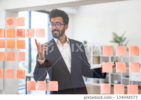 An Arabian businessman is pointing at sticky notes on a glass wall, likely during a brainstorming session An Arabian businessman is pointing at sticky notes on a glass wall, likely during a brainstorming session 134048573
