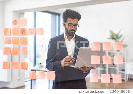 An Indian businessman in a suit works on a laptop in a modern office setting, surrounded by sticky notes An Indian businessman in a suit works on a laptop in a modern office setting, surrounded by sticky notes 134048606