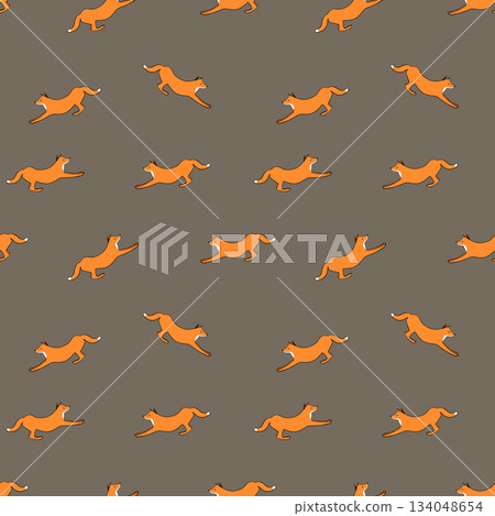 Seamless pattern with cute fox baby on color background. Funny forest animals. Card, postcards for kids. Flat vector illustration for fabric, textile, wallpaper, poster, paper Seamless pattern with cute fox baby on color background. Funny forest animals. Card, postcards for kids. Flat vector illustration for fabric, textile, wallpaper, poster, paper 134048654