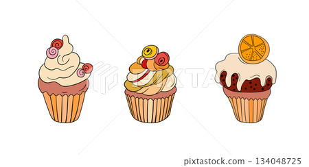 Muffin cake, sweet cupcake with cream, delicious pastries. Modern vector illustration, logo for cafe, restaurant, pastry shop. Dessert icon. Symbol for a candy bar 134048725