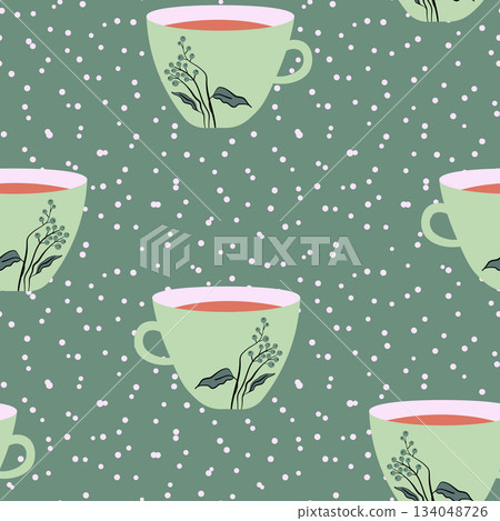 Abstract seamless pattern with color cups. Kitchen doodle background. Design for poster, fabric, textile Abstract seamless pattern with color cups. Kitchen doodle background. Design for poster, fabric, textile 134048726