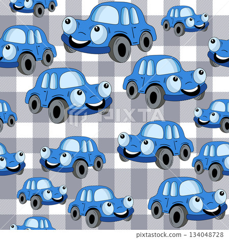 Seamless pattern with cute car on color background. Cartoot transport. Vector illustration. Doodle style. Design for baby print, invitation, poster, card, fabric, textile 134048728