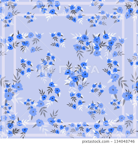 Print for kerchief, bandana, scarf, handkerchief, shawl, neck scarf. Squared pattern with ornament for fabric, textile, silk products. Paisley vector with abstract flowers. Floral folk tracery Print for kerchief, bandana, scarf, handkerchief, shawl, neck scarf. Squared pattern with ornament for fabric, textile, silk products. Paisley vector with abstract flowers. Floral folk tracery 134048746