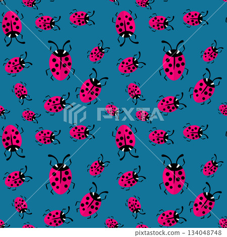 Fashion animal seamless pattern with colorful ladybird on white background. Cute holiday illustration with ladybags for baby. Design for invitation, poster, card, fabric, textile Fashion animal seamless pattern with colorful ladybird on white background. Cute holiday illustration with ladybags for baby. Design for invitation, poster, card, fabric, textile 134048748