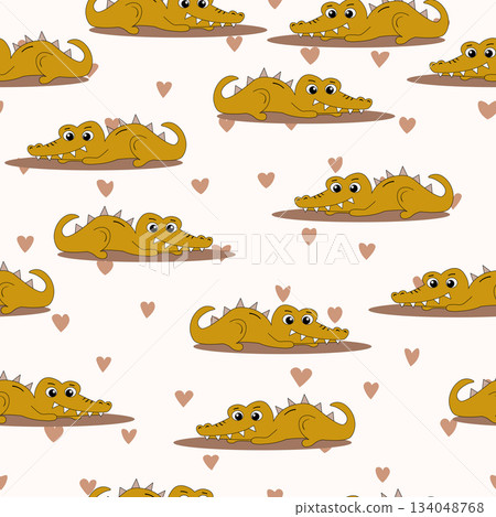 Animal seamless pattern with cartoon crocodiles on color background. Cute holiday illustration with crocodile for baby. Design for invitation, poster, card, fabric, textile, wrapper Animal seamless pattern with cartoon crocodiles on color background. Cute holiday illustration with crocodile for baby. Design for invitation, poster, card, fabric, textile, wrapper 134048768
