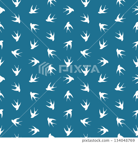 Seamless pattern with swallow silhouette on color background. Cute bird in flight. Vector illustration. Doodle style. Design for invitation, poster, card, fabric, textile Seamless pattern with swallow silhouette on color background. Cute bird in flight. Vector illustration. Doodle style. Design for invitation, poster, card, fabric, textile 134048769