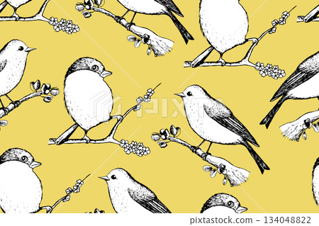 Seamless pattern with funny birds, flowers, leaves. Flat vector illustration with cartoon bird silhouette. Cute characters. Design for invitation, poster, card, textile, fabric Seamless pattern with funny birds, flowers, leaves. Flat vector illustration with cartoon bird silhouette. Cute characters. Design for invitation, poster, card, textile, fabric 134048822