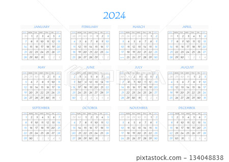 2024 calendar planner. Corporate week. Template layout, 12 months yearly, white background. Simple design for business brochure, flyer, print media, advertisement. Week starts from Monday 2024 calendar planner. Corporate week. Template layout, 12 months yearly, white background. Simple design for business brochure, flyer, print media, advertisement. Week starts from Monday 134048838