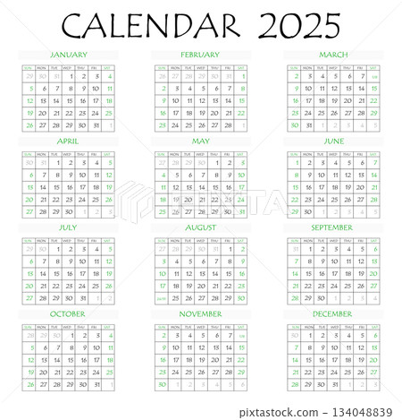 2025 calendar planner. Corporate week. Template layout, 12 months yearly, white background. Simple design for business brochure, flyer, print media, advertisement. Week starts from Monday 134048839