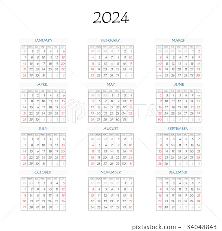 2024 calendar planner. Corporate week. Template layout, 12 months yearly, white background. Simple design for business brochure, flyer, print media, advertisement. Week starts from Monday 134048843