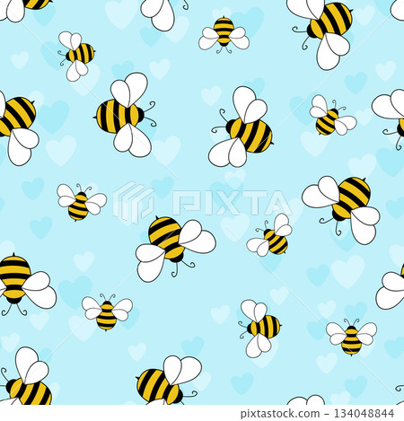 Seamless pattern with bees and hearts on color background. Small wasp. Vector illustration. Adorable cartoon character. Template design for invitation, cards, textile, fabric. Doodle style 134048844