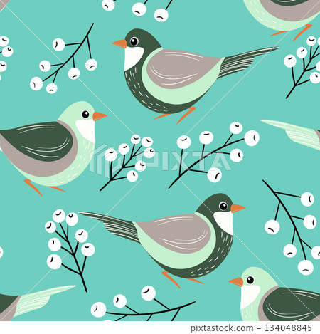 Seamless pattern with funny colorful birds, flowers, leaves and berries. Color flat vector illustration with little cartoon bird. Cute characters. Design for invitation, poster, card, textile, fabric 134048845