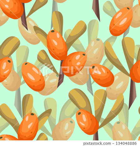 Seamless pattern with sea buckthorn. Natural fresh ripe tasty berries. Vector illustration for background, packaging, textile, fabric and various other designs Seamless pattern with sea buckthorn. Natural fresh ripe tasty berries. Vector illustration for background, packaging, textile, fabric and various other designs 134048886