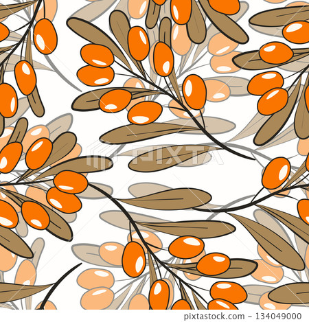 Seamless pattern with sea buckthorn. Natural fresh ripe tasty berries. Vector illustration for background, packaging, textile, fabric and various other designs Seamless pattern with sea buckthorn. Natural fresh ripe tasty berries. Vector illustration for background, packaging, textile, fabric and various other designs 134049000