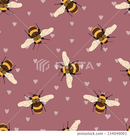Seamless pattern with bees on floral background. Small wasp. Vector illustration. Adorable cartoon character. Template design for invitation, cards, textile, fabric. Doodle style 134049001