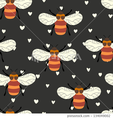 Seamless pattern with bees on color background. Small wasp. Vector illustration. Adorable cartoon character. Template design for invitation, cards, textile, fabric. Doodle style Seamless pattern with bees on color background. Small wasp. Vector illustration. Adorable cartoon character. Template design for invitation, cards, textile, fabric. Doodle style 134049002