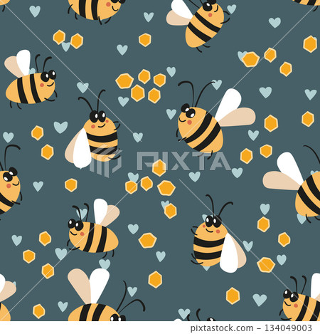 Seamless pattern with bees on color background. Small wasp. Vector illustration. Adorable cartoon character. Template design for invitation, cards, textile, fabric. Doodle style Seamless pattern with bees on color background. Small wasp. Vector illustration. Adorable cartoon character. Template design for invitation, cards, textile, fabric. Doodle style 134049003